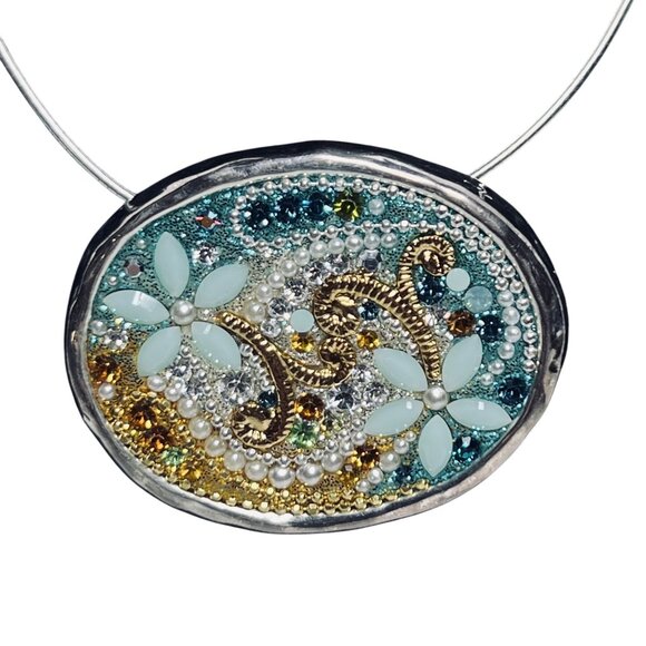 Orit Schatzman Sterling Silver And Aqua Blue Rhinestone Necklace Signed (6013) - Picture 4 of 10